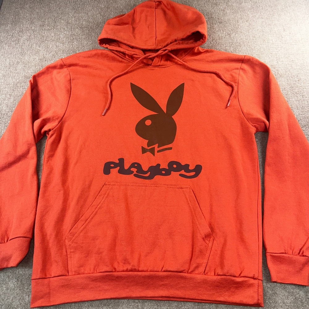 Playboy Mens Orange Rabbit Head Logo Pullover Hoodie Sweatshirt Medium 6110